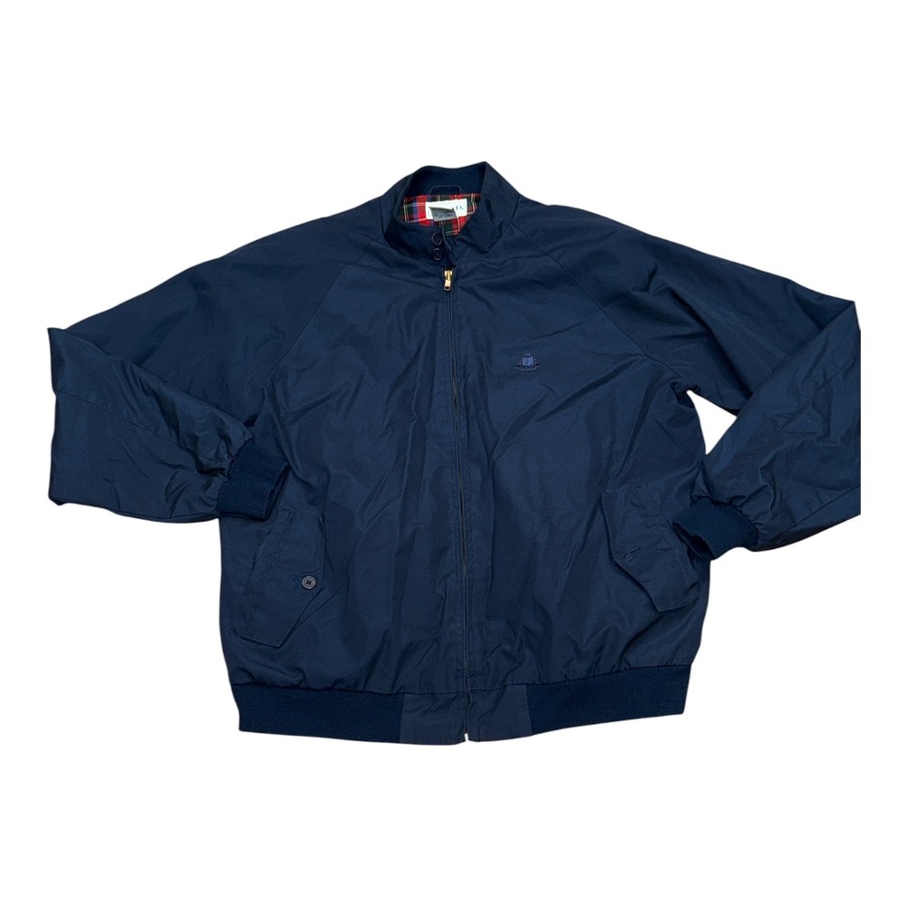 Izod Mens Harrington Jacket Navy Blue Plaid Lined Full Zip Bomber Coat Large